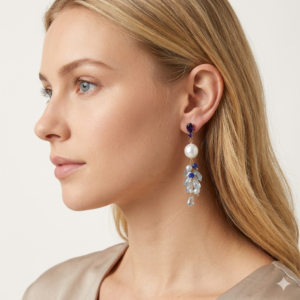 Orecchini in argento 925/ooo placcato oro rosè, pietre in Iolite, Acquamarina & Perle