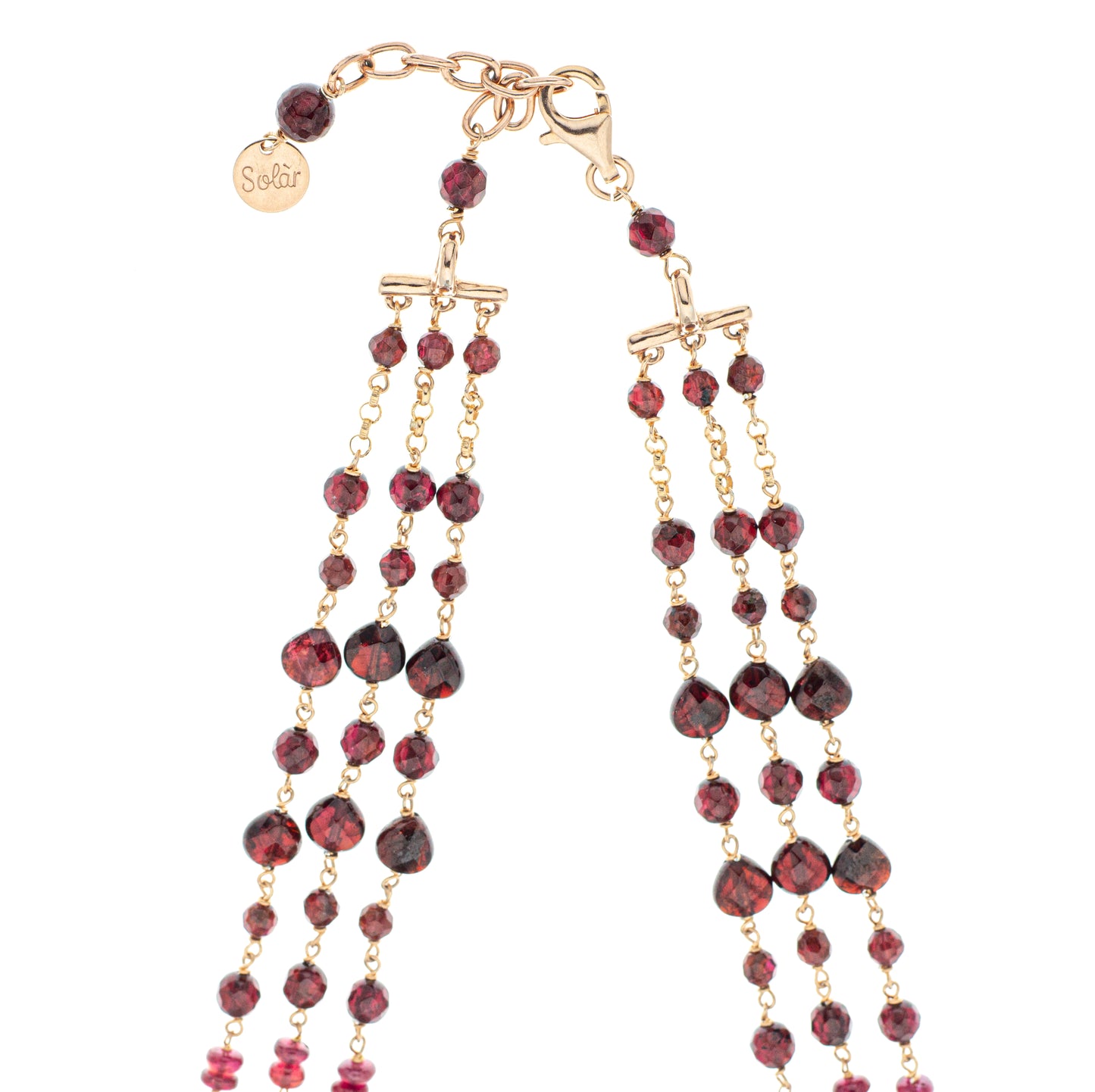 Collana a 3 giri lunga in argento 925 placcato oro 18 kt pietre in Rubino & Granato