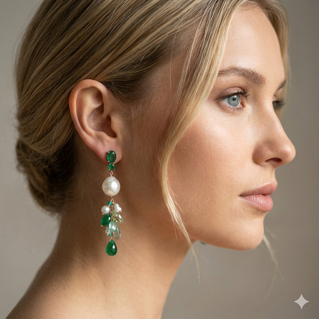 Orecchini in argento 925/ooo placcato oro rosè pietre in Onice verde & Praseolite
