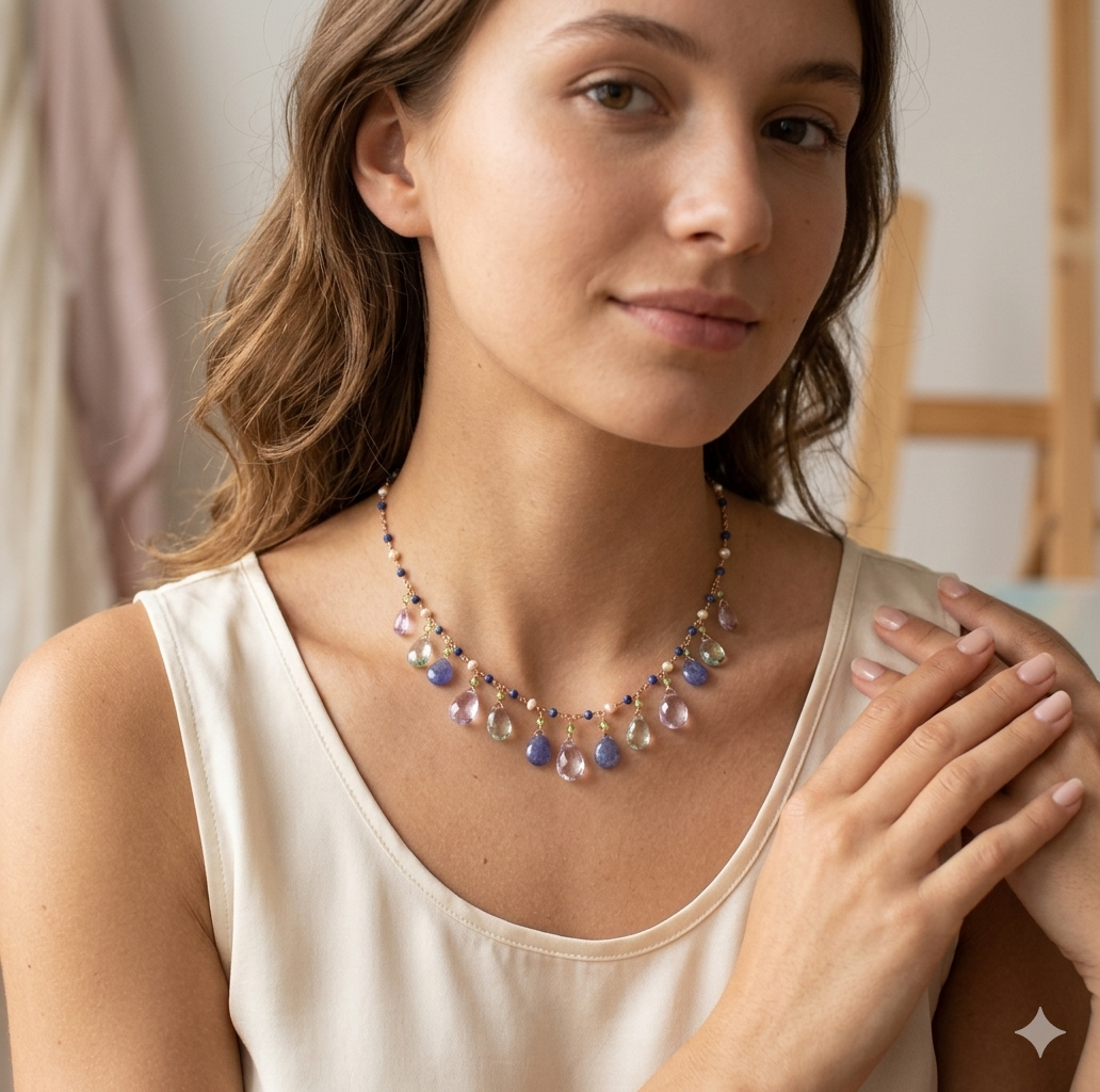 Collana girocollo argento 925/ooo pietre di Tanzanite, Praseolite & Ametista