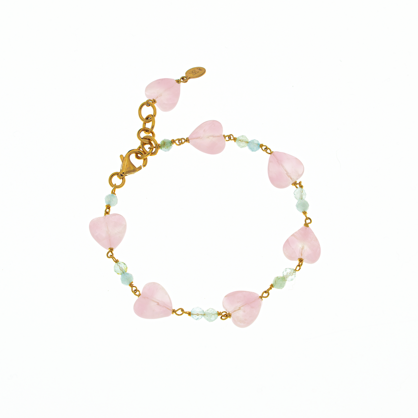 Bracciale in argento 925/ooo, placcato oro rosè | Quarzo Rosa & Acquamarina | Cuori