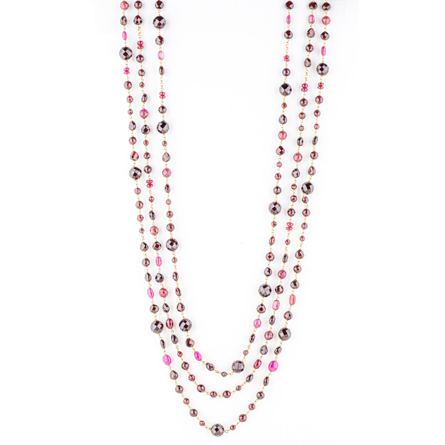 Collana a 3 giri lunga in argento 925 placcato oro 18 kt pietre in Rubino & Granato