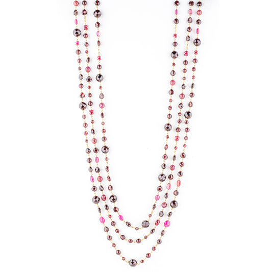 Collana a 3 giri lunga in argento 925 placcato oro 18 kt pietre in Rubino & Granato