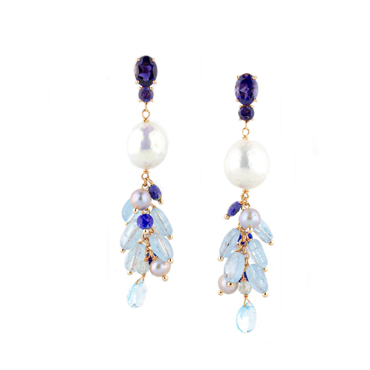 Orecchini in argento 925/ooo placcato oro rosè, pietre in Iolite, Acquamarina & Perle