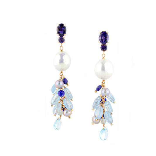 Orecchini in argento 925/ooo placcato oro rosè, pietre in Iolite, Acquamarina & Perle