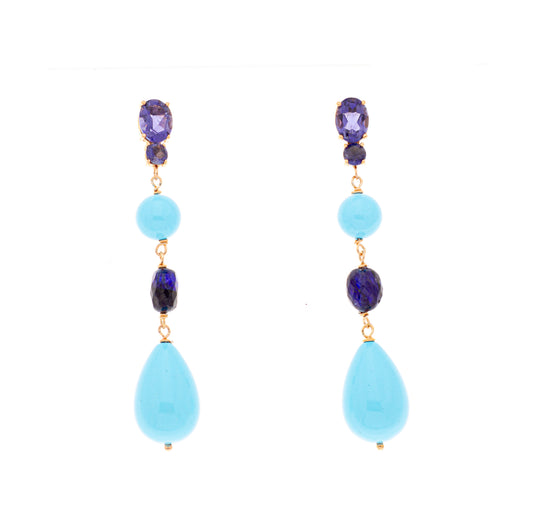 Orecchini in argento 925/ooo placcato oro rosa 18 kt, Turchesi, Zaffiri Quarzi naturali