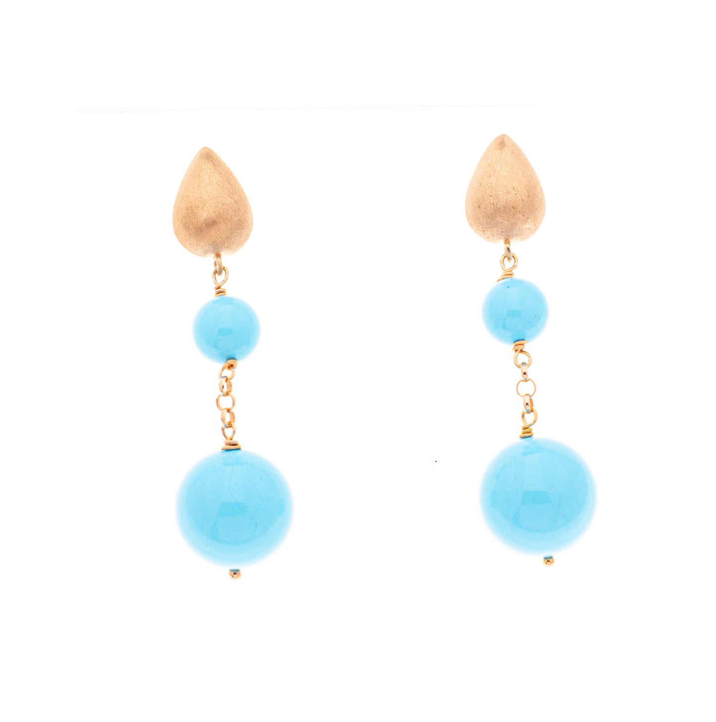Orecchini Pendenti in Argento Placcato Oro 18 kt. con Doppia Sfera di Turchese