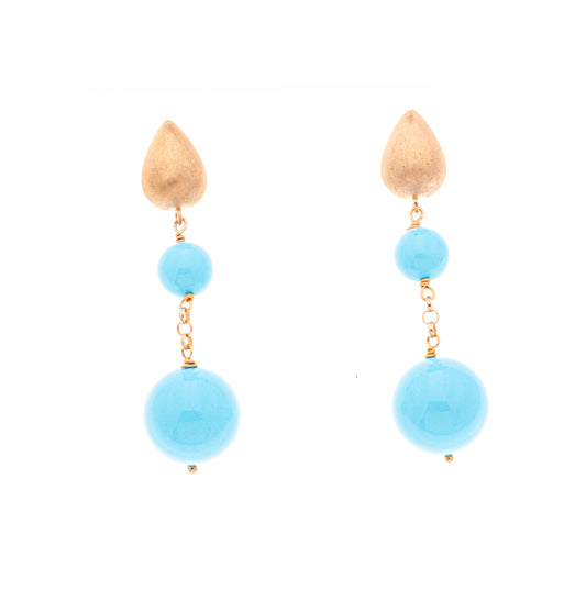 Orecchini Pendenti in Argento Placcato Oro 18 kt. con Doppia Sfera di Turchese