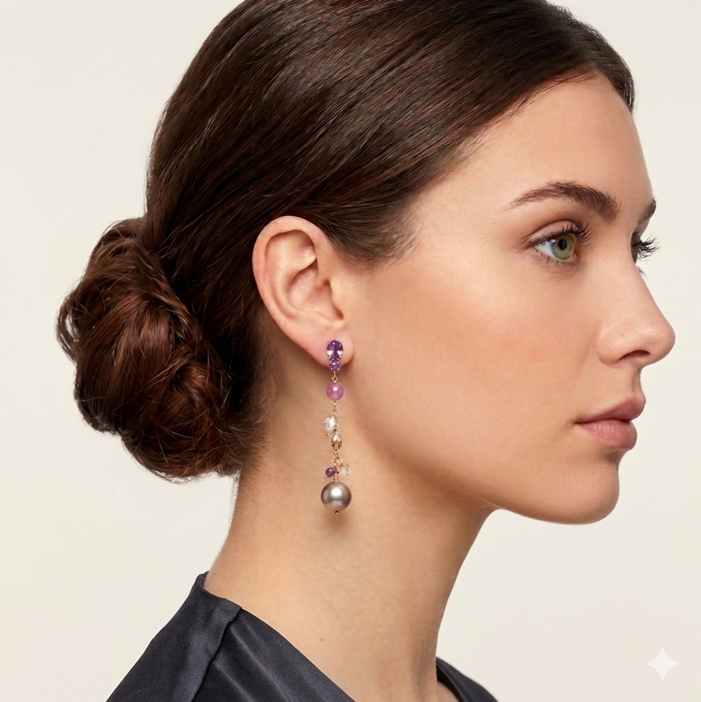 Orecchini in argento 925/ooo placcato oro rosa, pietre in Quarzo Ametista & Zaffiro rosa